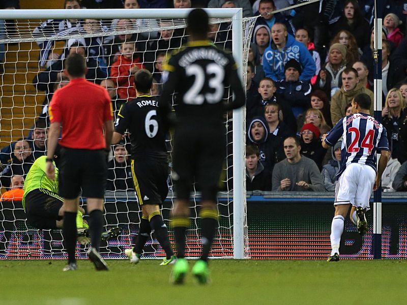 On 50 minutes West Brom restore their lead, Peter Odemwingie heads through the legs of Cech from a Shane Long cross.