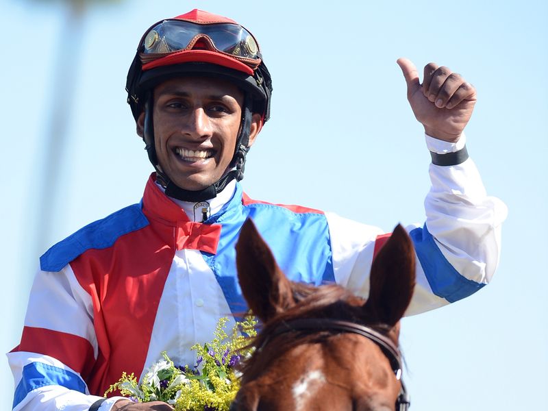 Rajiv Maragh celebrates his win on Groupie Doll