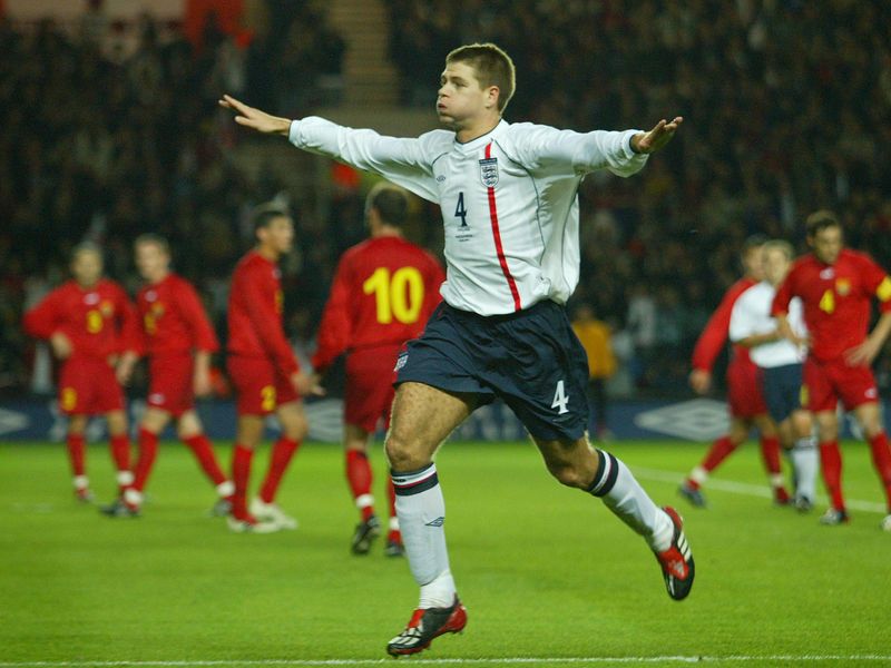 Gerrard celebrates his second England goal in a 2-2 Euro 2004 qualifier draw with Macedonia in October 2002.