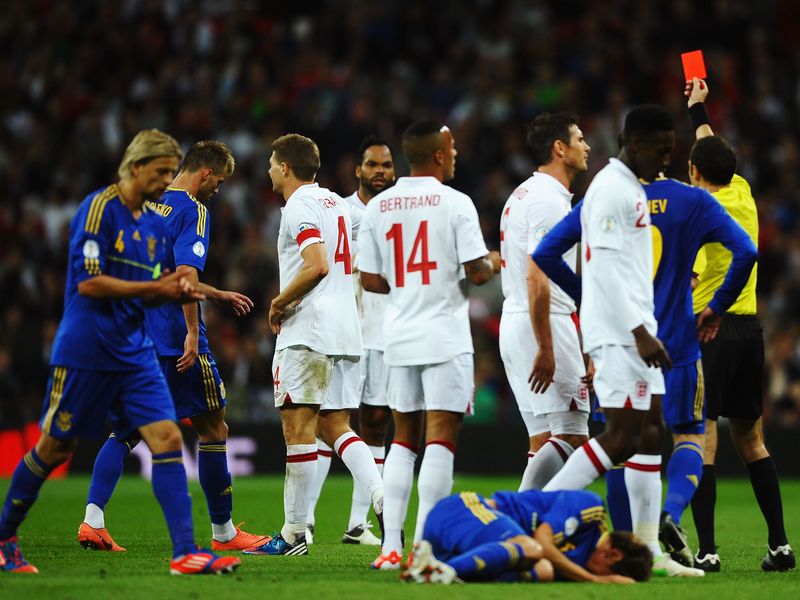 Gerrard is shown his first international red card during England's 1-1 draw against Ukraine at Wembley in September.