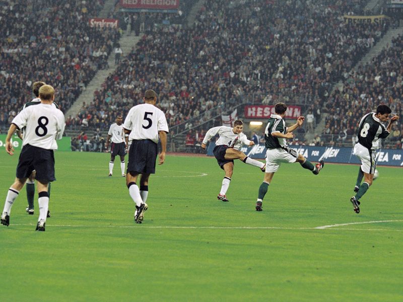 Gerrard scores his first England goal in the historic 5-1 win over Germany in Munich.