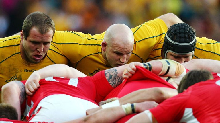 Australia's front row packs down against the Lions this summer