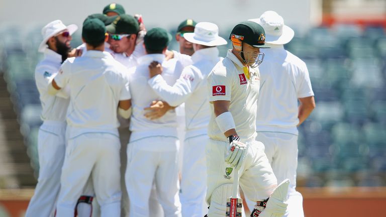David Warner was caught in the slips off the second ball of the day, bowled by Vernon Philander.