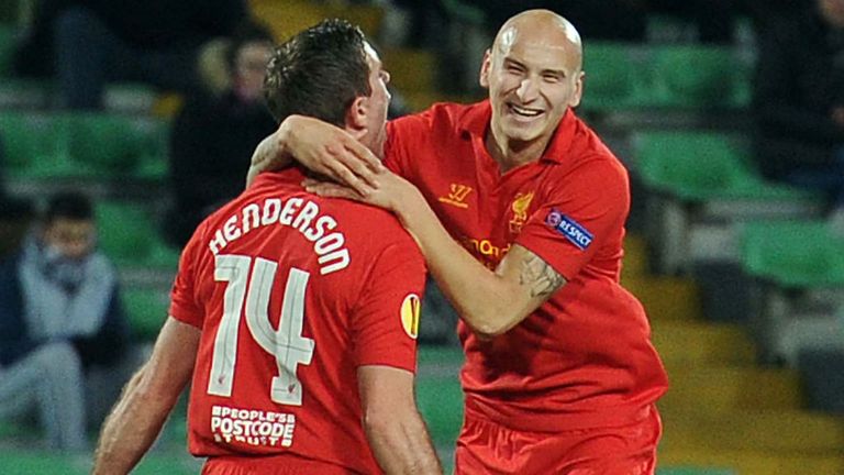 Jordan Henderson celebrates his goal with Jonjo Shelvey