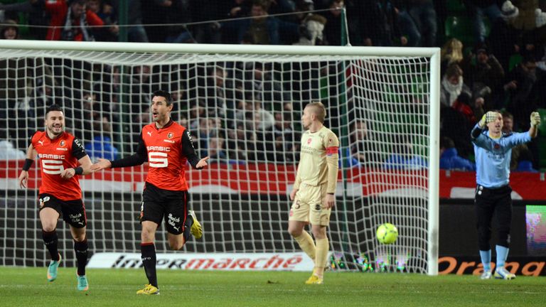 Julien Feret celebrates his goal for Rennes