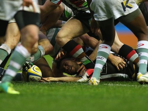 Dany Care forces his way over for a Quins try