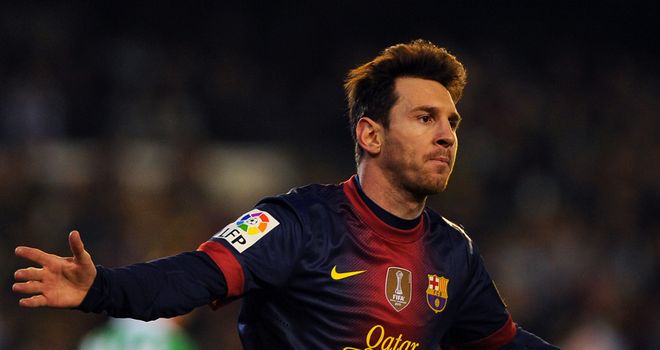Lionel Messi: Celebrates one of his goals against Betis