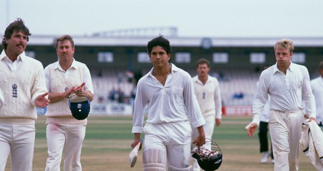 Sachin Tendulkar leaves the field after making his maiden Test century against England in 1990