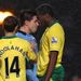 Just before the break, Man City are reduced to ten-men when Samir Nasri is adjudged to have headbutted Sebastien Bassong.