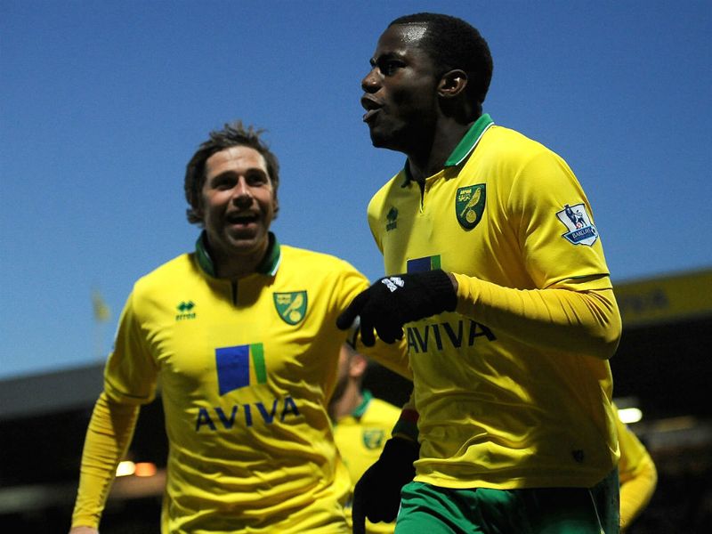 Sebastien Bassong is immediately congratulated by his team-mate Grant Holt...