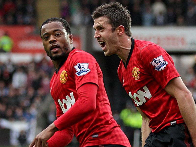 Evra wheels away to celebrate his goal at the Liberty Stadium
