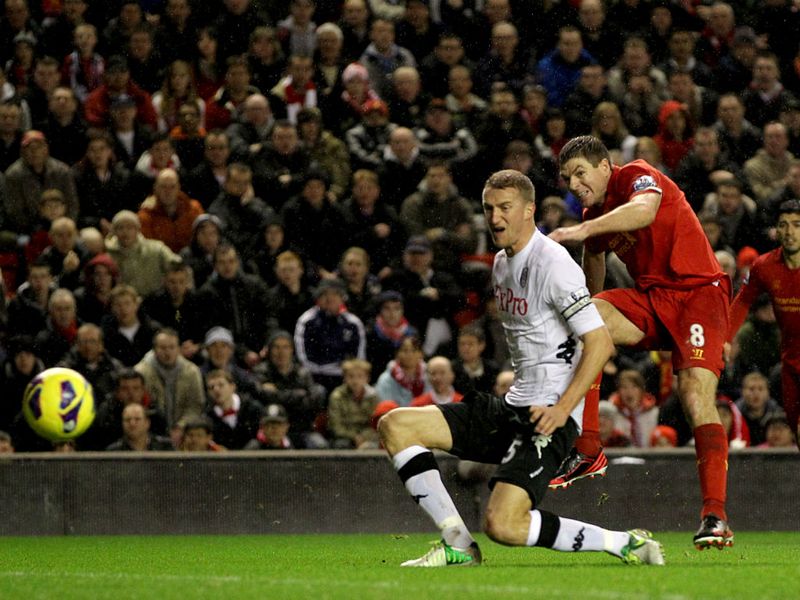 Steven Gerrard makes it 2-0 after latching onto a superb Stewart Downing through ball.