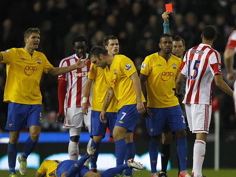 Stoke City are reduced to ten-men when Steven N'Zonzi goes in on Jack Cork. The red card looks a bit harsh on closer inspection.