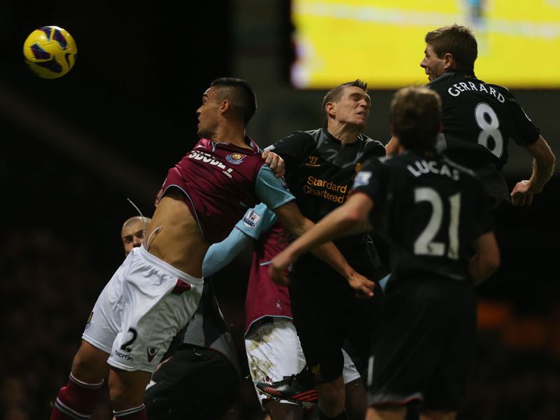 Steven Gerrard heads home...to give West Ham the lead with an own goal