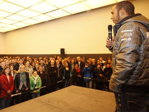 Hamilton addresses the Mercedes workforce