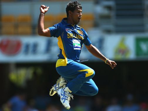 Jumping for joy: Nuwan Kulasekara took five Australia wickets