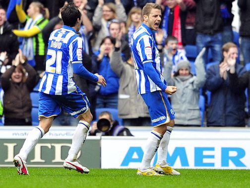 Andrea Orlandi celebrates his goal for Brighton&nbsp;