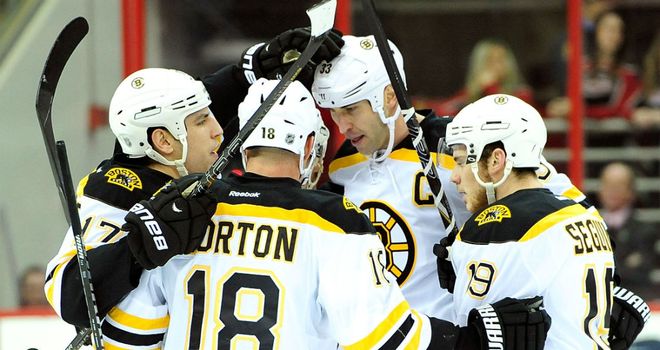 Boston Bruins celebrate Zdeno Chara's goal