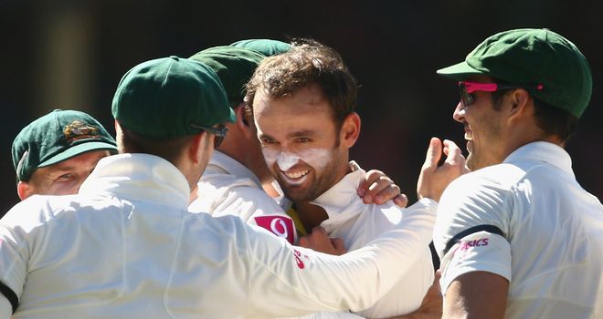 Lyon: the 25-year-old (centre) has been Australia's only frontline spin outlet in Chennai