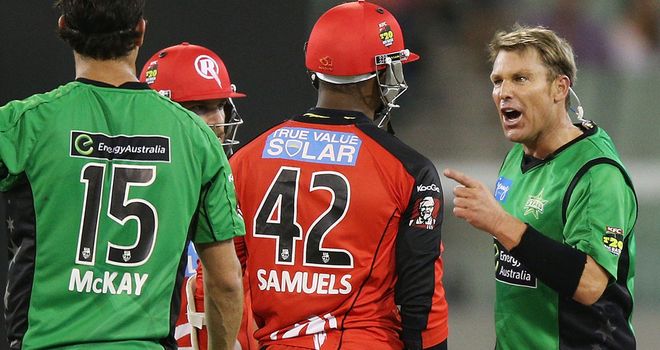 Shane Warne and Marlon Samuels - Ugly scenes at Sunday's Big Bash clash at the MCG