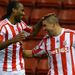 Jon Walters celebrates after scoring his second goal for Stoke with Cameron Jerome in a 4-1 win after extra-time
