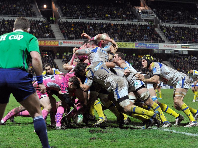 Scrum down: Clermont Auvergne and Exeter battle for the ball in Saturday's Pool 5 clash at Stade Marcel Michelin
