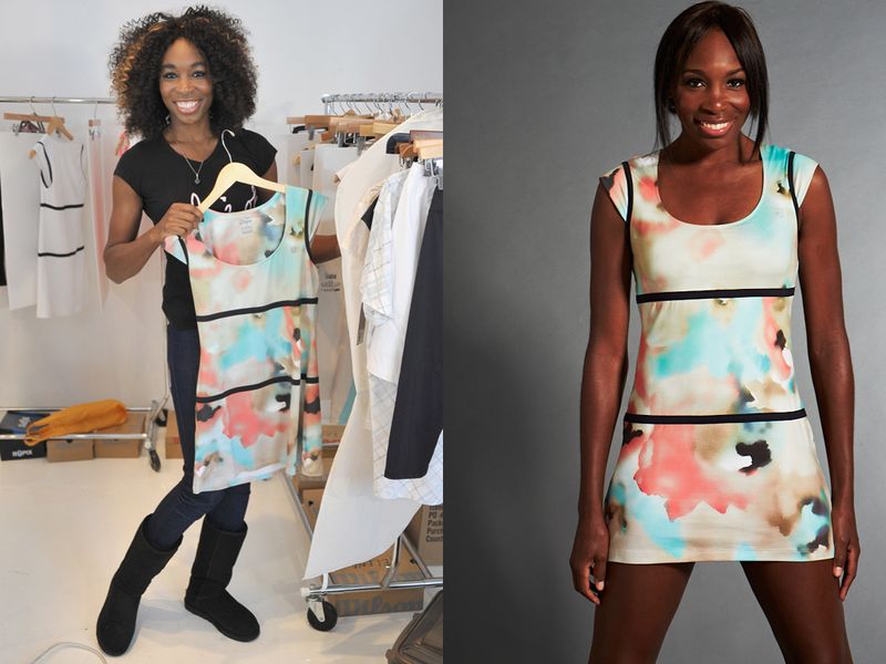 Venus Williams models her Cross Court Floral Print Dress from her own EleVen label. Its design was inspired by Monet's Garden