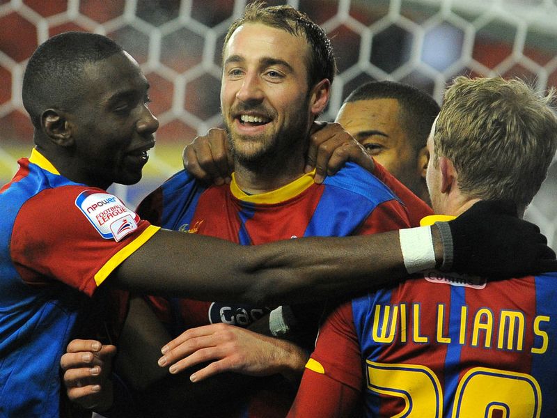 Eagles substitute Glenn Murray celebrates after scoring from 12-yards to take the game into extra-time