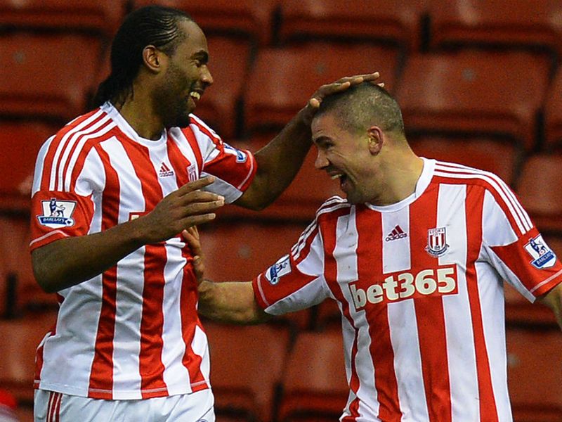 Jon Walters celebrates after scoring his second goal for Stoke with Cameron Jerome in a 4-1 win after extra-time