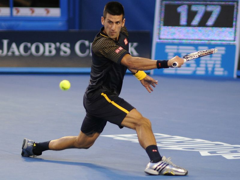 Novak Djokovic hits a return against Ferrer as he cruises his way to victory