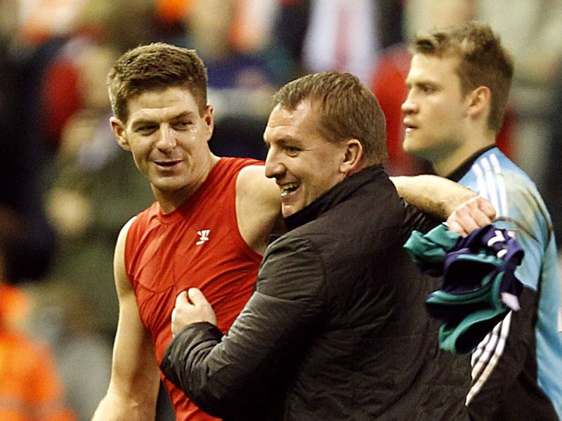 While at Anfield, Steven Gerrard and Brendan Rodgers celebrate Liverpool's win