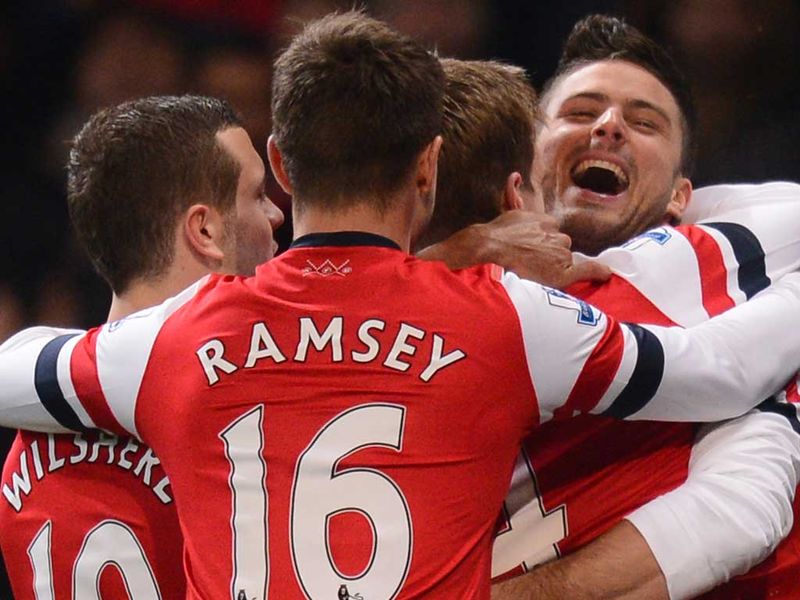 Arsenal celebrate as Giroud scores his second of the night as the Gunners continue to cruise.