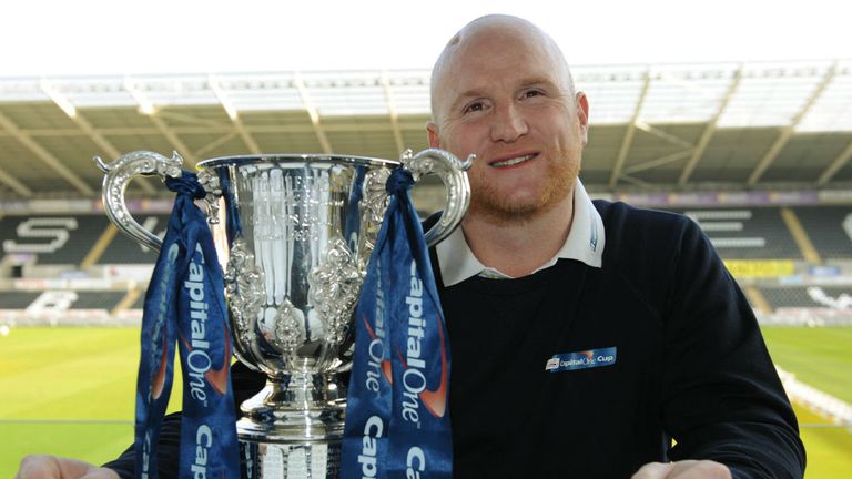 John Hartson with the Capital One Cup at the Liberty Stadium