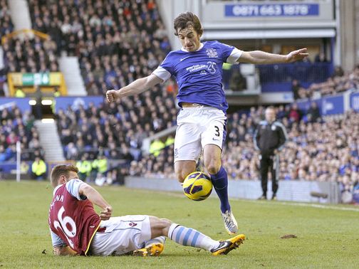 Leighton Baines jumps over Andreas Weimann.