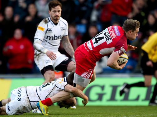 Phil MacKenzie goes in for an Exiles try