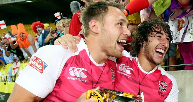 Christian Lewis-Pratt and Dan Bibby celebrate the Wellington Sevens success