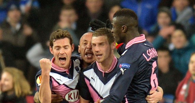 Ludovic Obraniak: The Bordeaux man celebrates after levelling against Dynamo Kiev