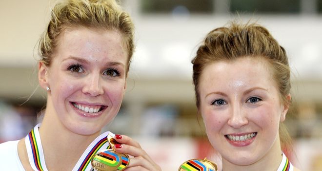 Becky James, left, and Vicky Williamson won a surprise bronze in the women's team sprint