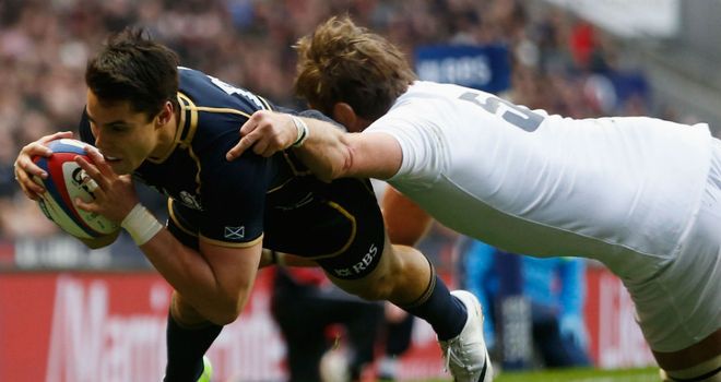 Sean Maitland marking his Scotland debut with a try at Twickenham