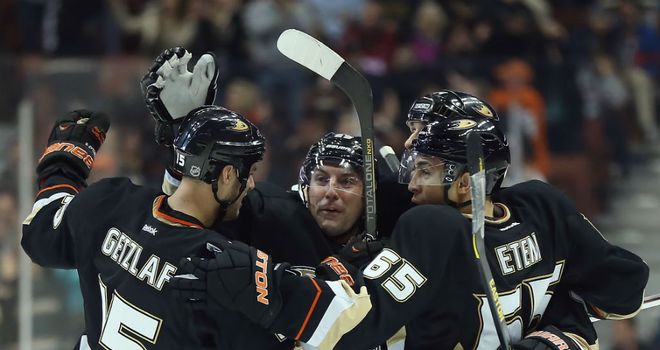 The Anaheim Ducks celebrate their 2-1 come-from-behind win over the San Jose Sharks