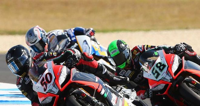 Sylvain Guintoli leads Eugene Laverty in race one at Philip Island
