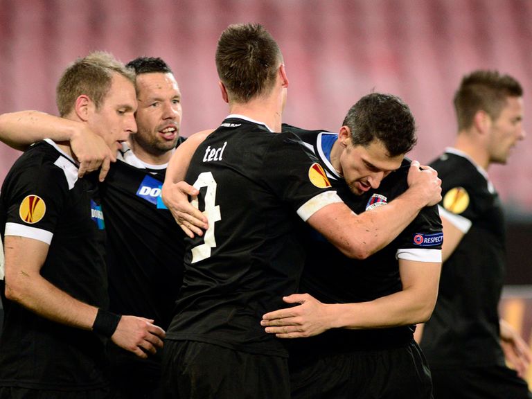 Viktoria Plzen celebrate during their 3-0 win at Napoli