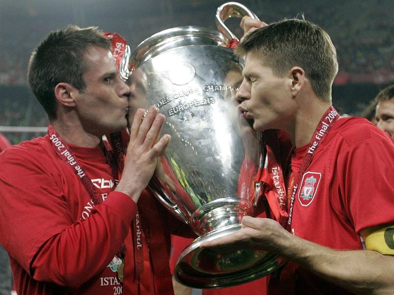 Carragher celebrates his finest hour with Gerrard after winning the 2005 UEFA Champions League