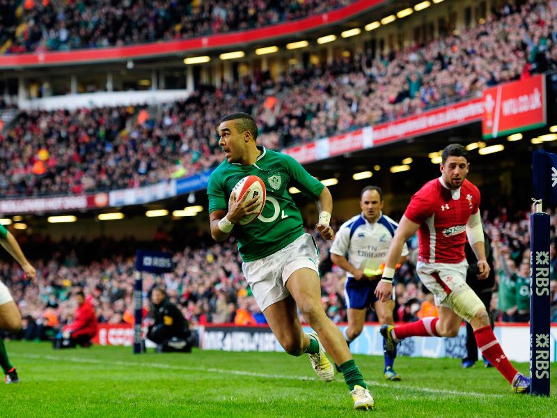 First try: Ireland wing Simon Zebo runs in to score...