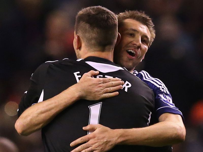 Two of West Brom's heroes at Anfield, Gareth McAuley and Ben Foster, celebrate after their 2-0 win at Liverpool.