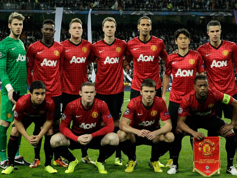 Manchester United's starting XI lines up before kick-off at the Santiago Bernabeu