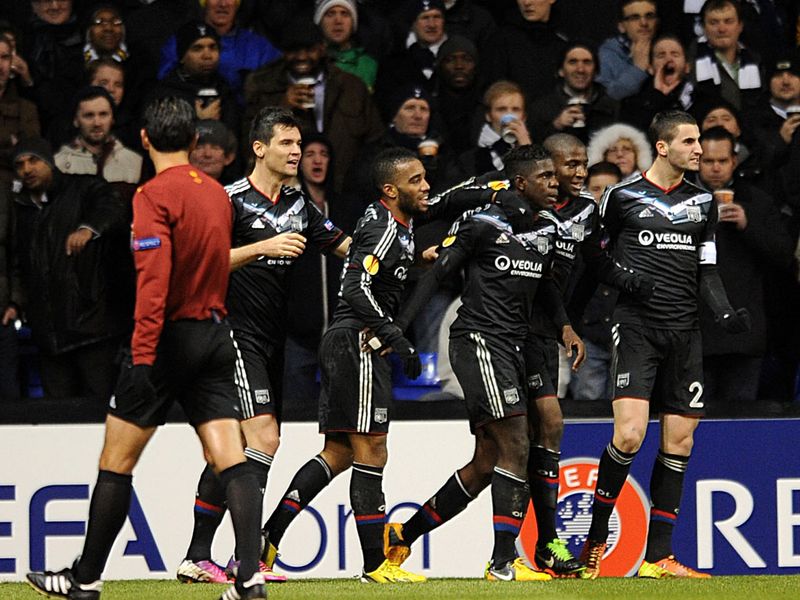 Samuel Umtiti is congratulated after his brilliant equaliser for Lyon at White Hart Lane