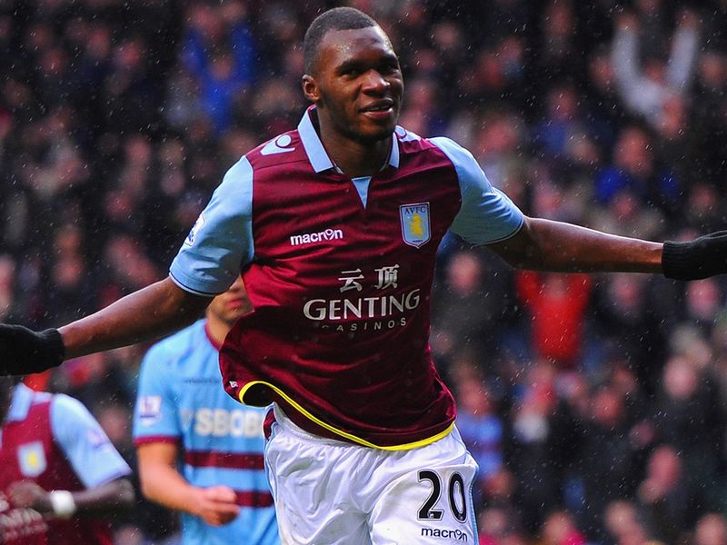 Christian Benteke celebrates netting the penalty that opens the scoring for Aston Villa in the much-needed 2-1 win over West Ham at Villa Park.