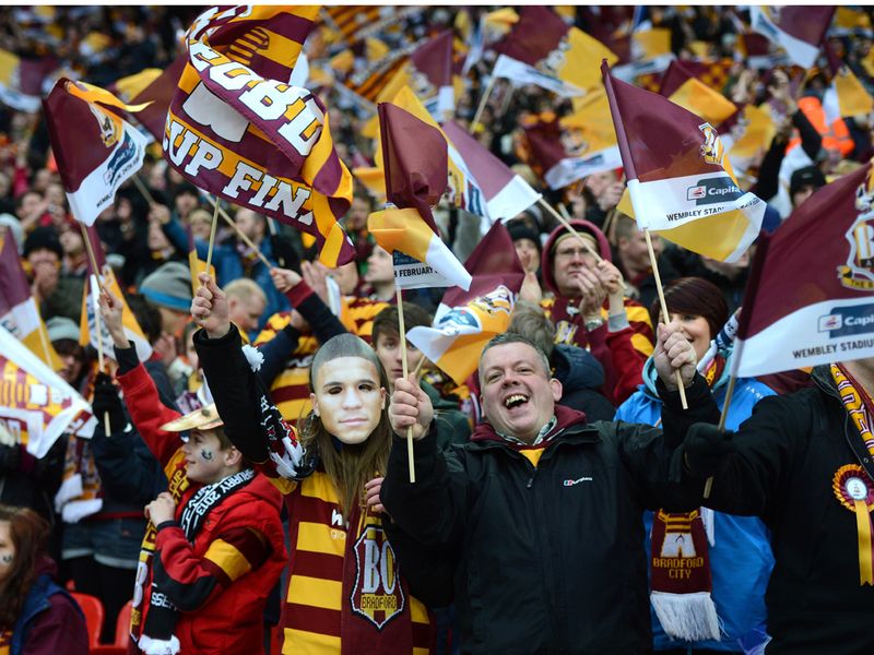 Bantams fans get into the spirit in the stadium ahead of kick-off after making the long trip to Wembley
