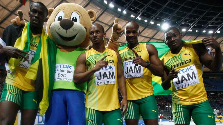 Steve Mullins, far right, with Usain Bolt (l) and Jamaica team-mates in 2009